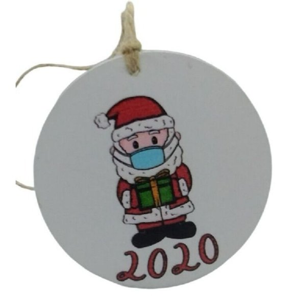 Santa Claus Blue Face Mask and Present Dated 2020 Round Christmas Ornament - Picture 1 of 2